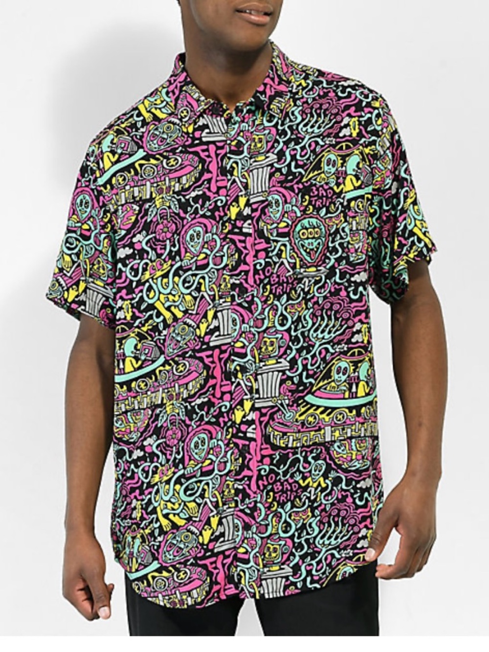 Killer Acid No Bad Trips Black Short Sleeve Button Up Shirt Size XL